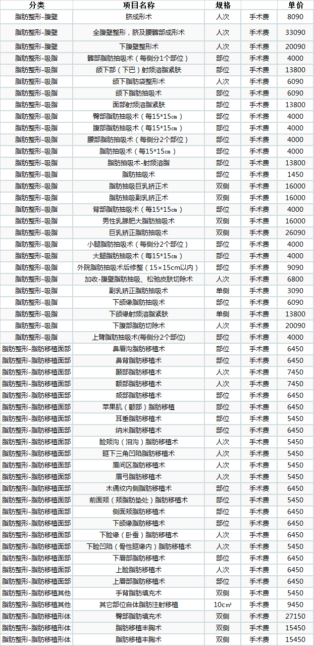 成都八大处脂肪类项目价格一览表