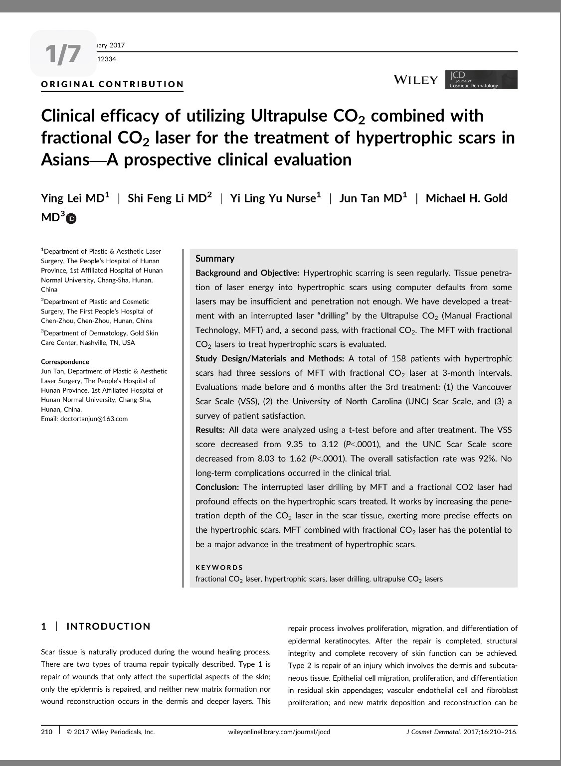 超脉冲CO2点阵激光治疗增生性疤痕(美国美容