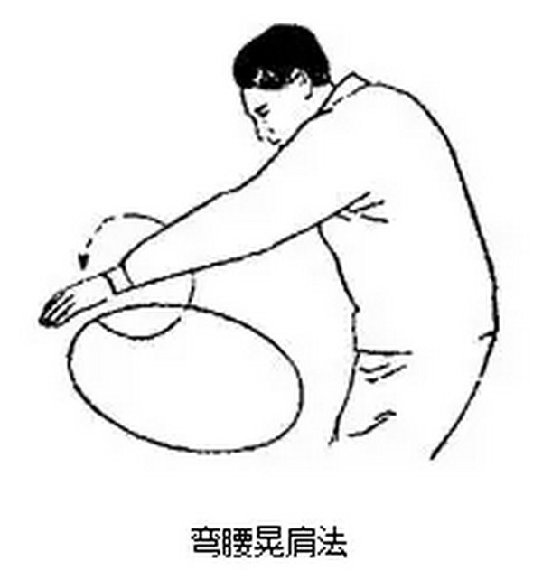 弯腰伸臂,做肩关节环转运动,动作由小到大,由慢到快.