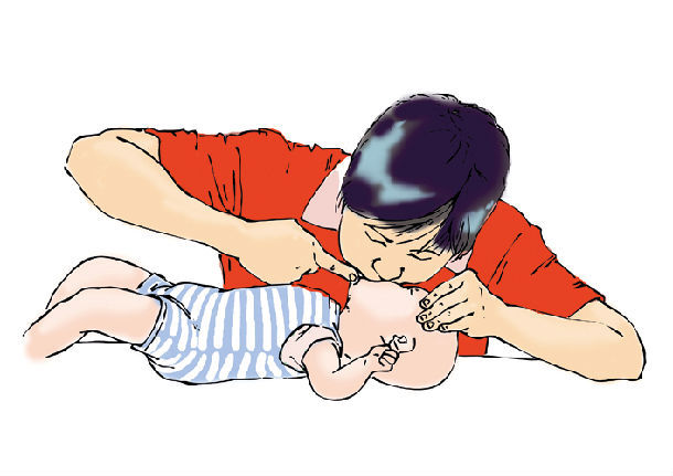 口对口人工呼吸示意图经过以上急救措施,大多数宝宝可能出现哭声或