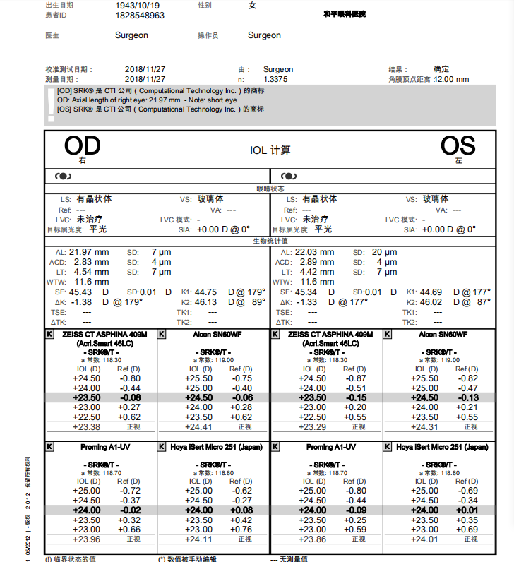 术前检查barrett手术方式:flacs akod:restor 3.0d 24.5dos:restor 2.